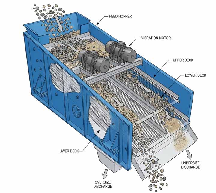 Cross-section diagram of heavy-duty ore vibrating screen components showing vibrator mechanism, screen media, and isolation springs