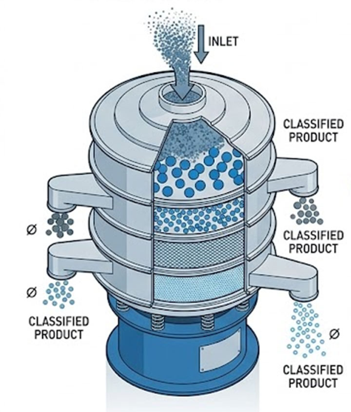 Rotary Vibratory Sifter working principle and multi-deck screening structure diagram