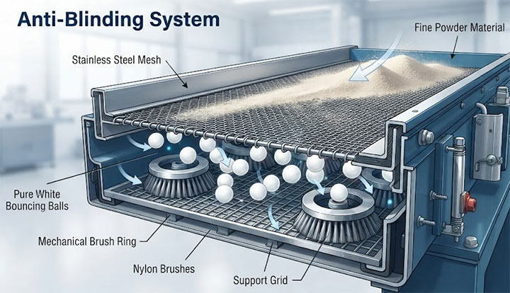 Industrial screening machine anti-blinding system showing bouncing balls and mechanical brushes for mesh protection