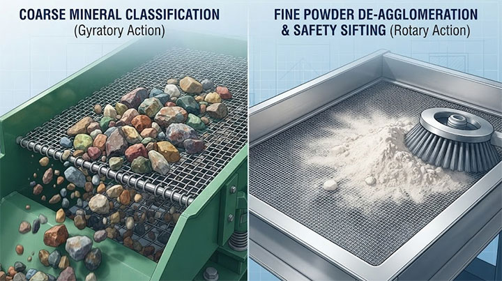 Industrial screening machine media comparison showing coarse mineral separation on heavy-duty mesh and fine powder sifting on safety screen