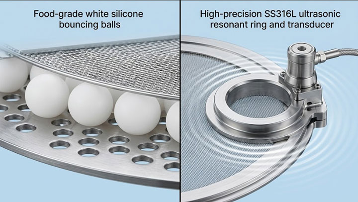 Comparison showing silicone bouncing balls and ultrasonic resonant ring anti-blinding systems for industrial sifters
