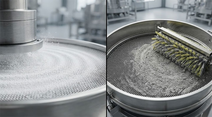 Split-screen comparison of ultrasonic sifting system for titanium dioxide and tumbler screener for mineral powders