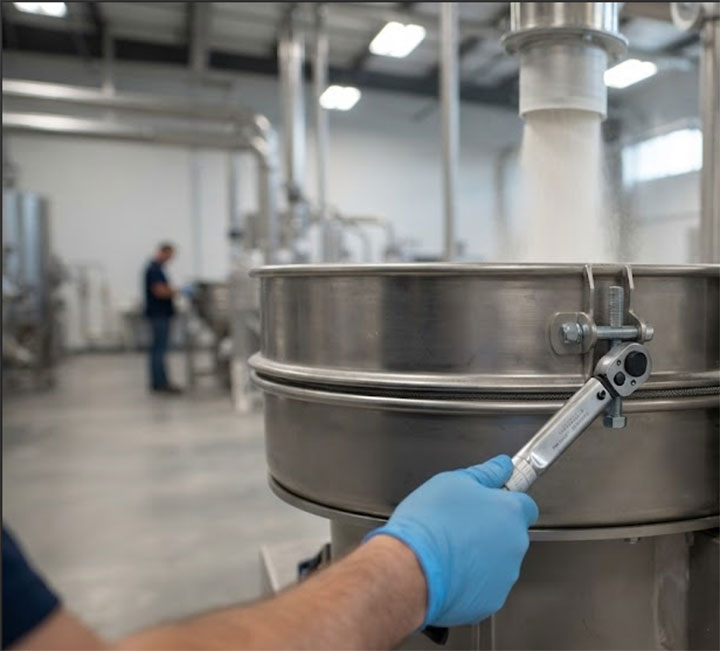 Technician adjusting screen frame tensioning bolts on a circular vibratory sifter in a powder processing plant