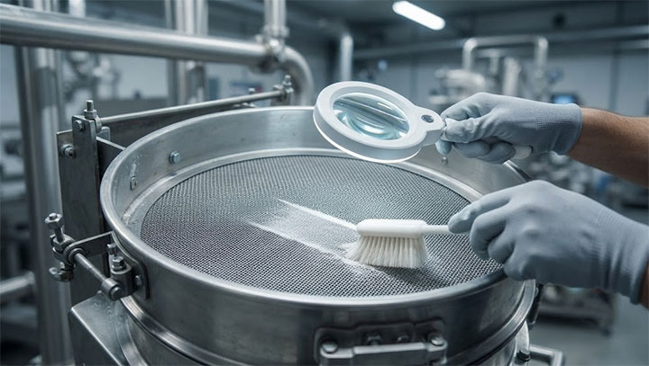 Maintenance engineer inspecting fine stainless steel wire mesh with an illuminated magnifier and soft cleaning brush