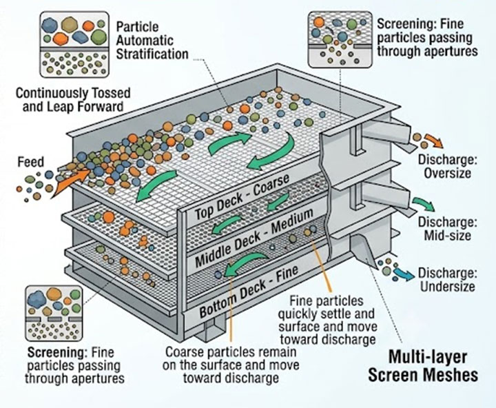 Working principle diagram of a linear vibrating screen showing linear motion and multi-layer screen meshes