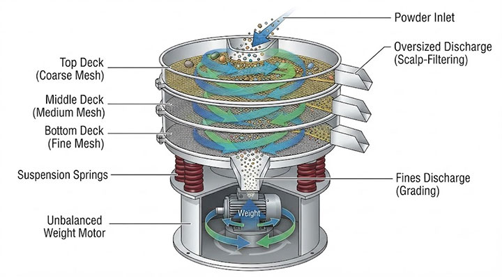 Working principle and structure diagram of a rotary vibrating sieve showing 3D motion and multi-deck structure