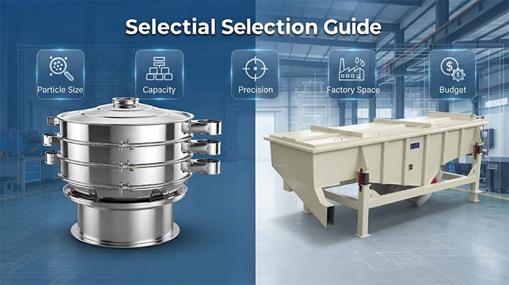 Infographic and guide showing the 5 critical selection factors when choosing between a rotary sieve and linear vibrating screen