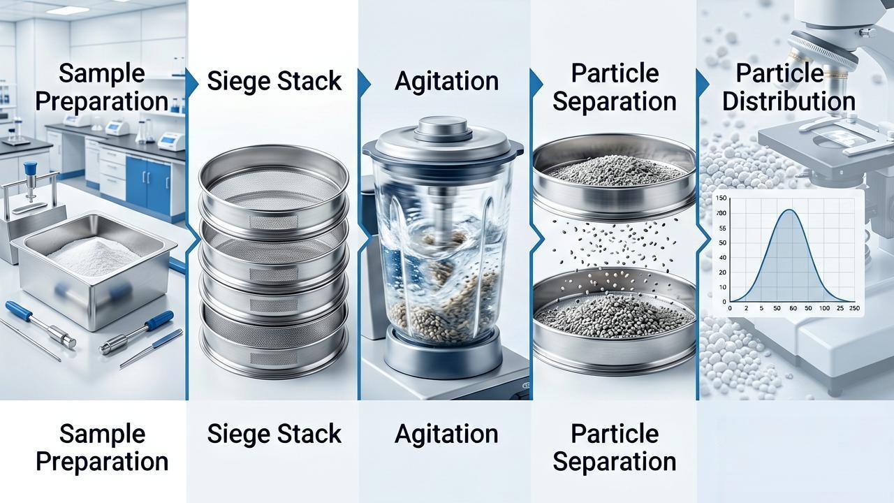 Analytical sieving process from sample preparation to particle size distribution