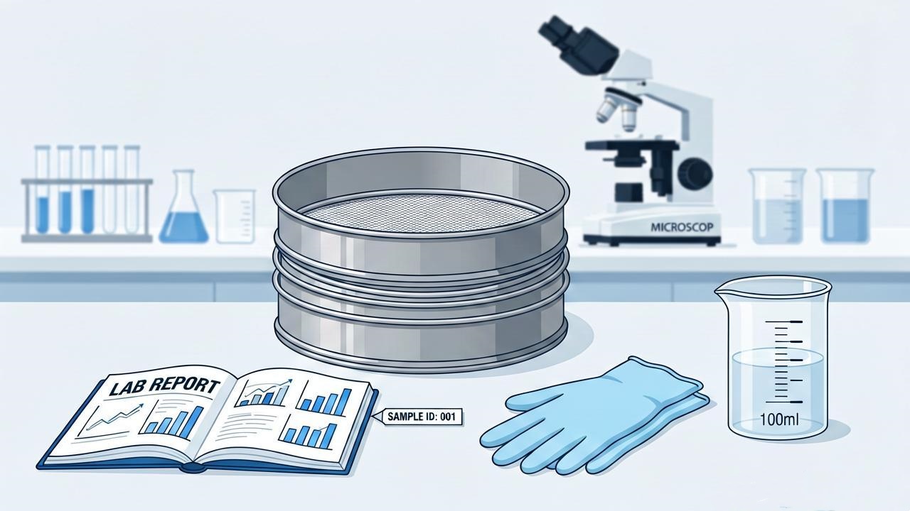 Test sieve particle size analysis testing process