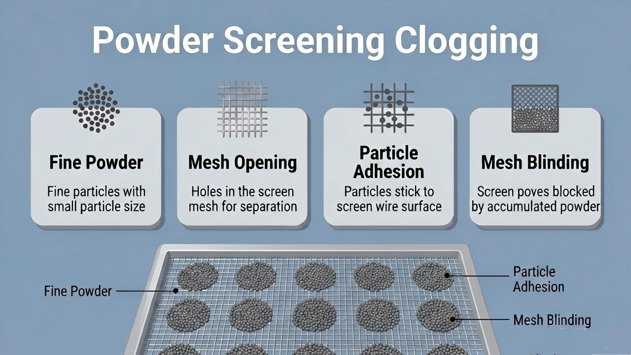 Fine powder clogging sieve mesh and mesh blinding process