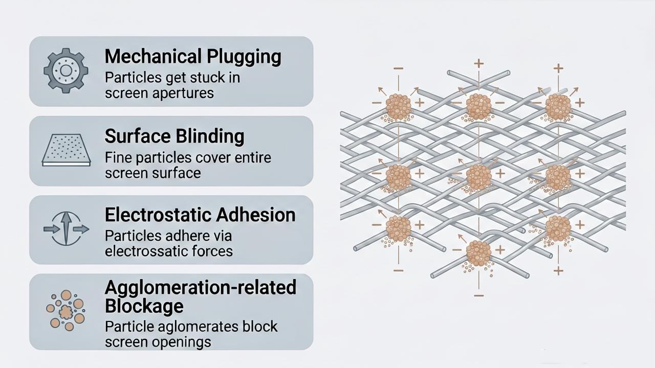 Four types of mesh blinding in fine powder screening