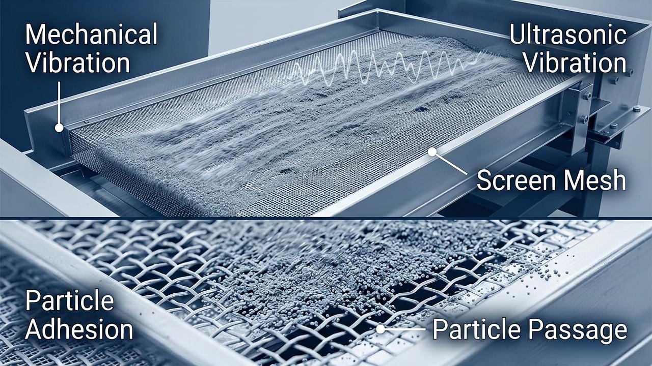 Mechanical and ultrasonic vibration for fine powder screening