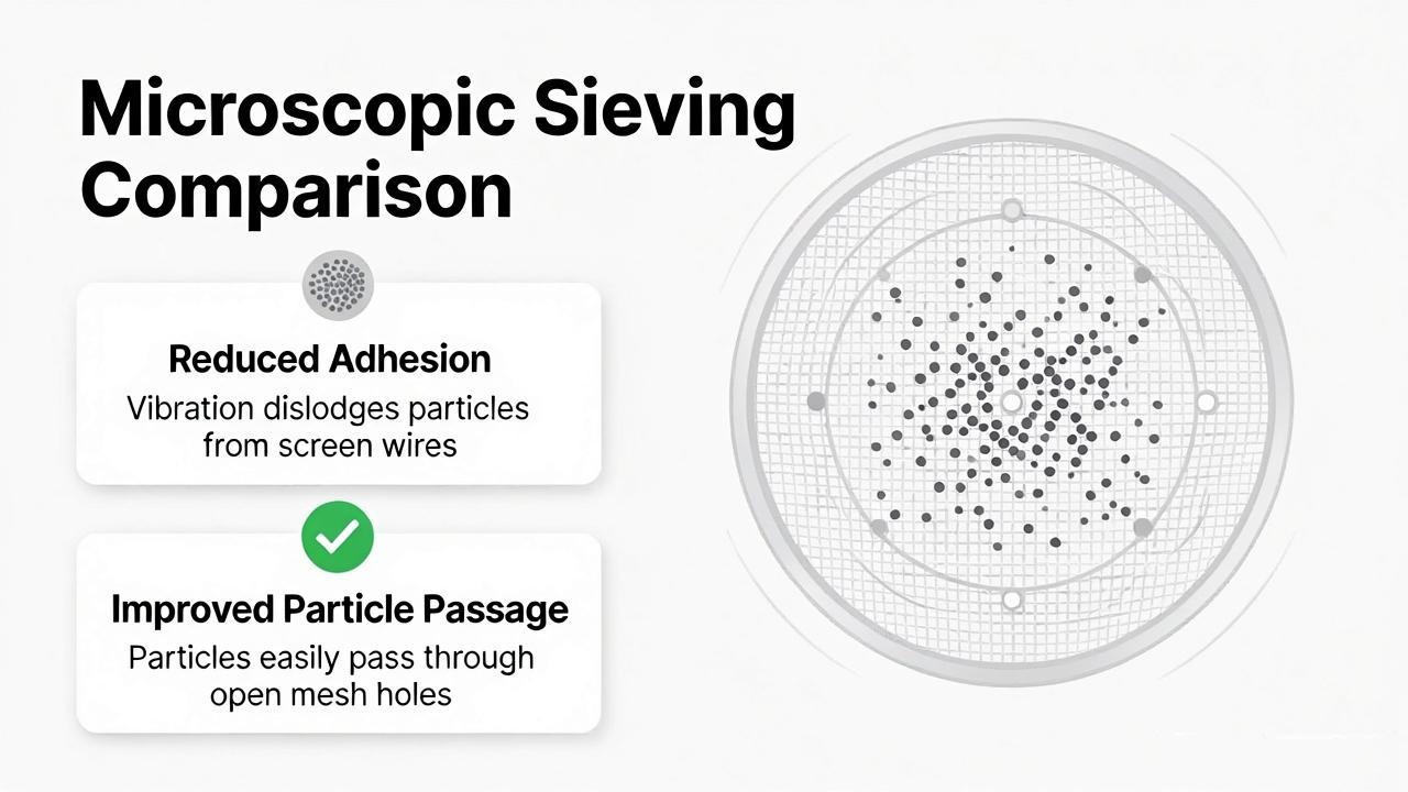 Ultrasonic vibration reducing particle adhesion and improving fine powder passage