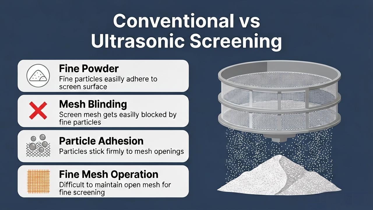 Conventional screening vs ultrasonic screening for fine powder