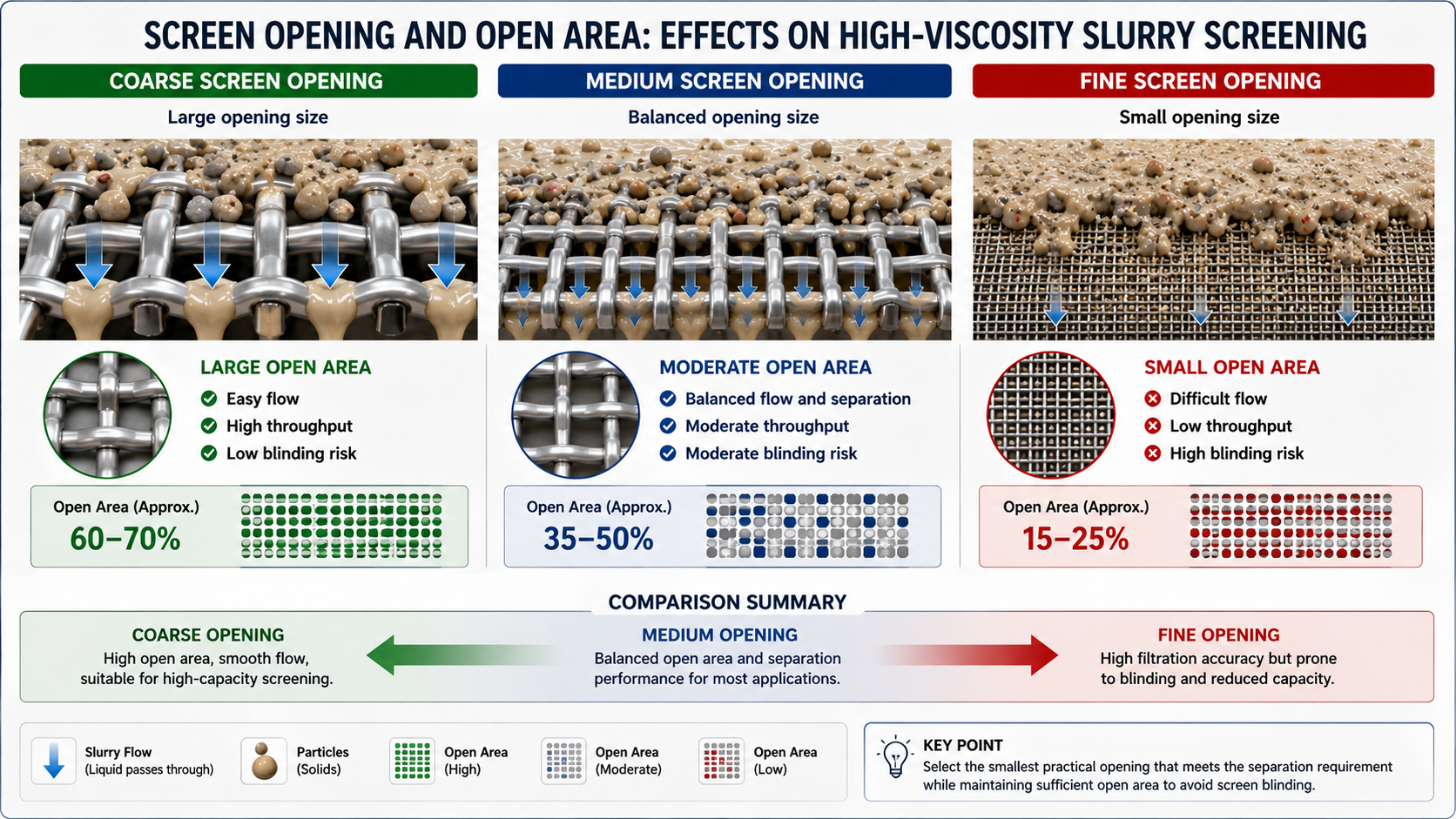 Screen opening and open area for viscous slurry filtration