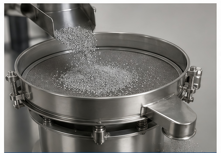 Micron-sized tin powder screening with fine mesh