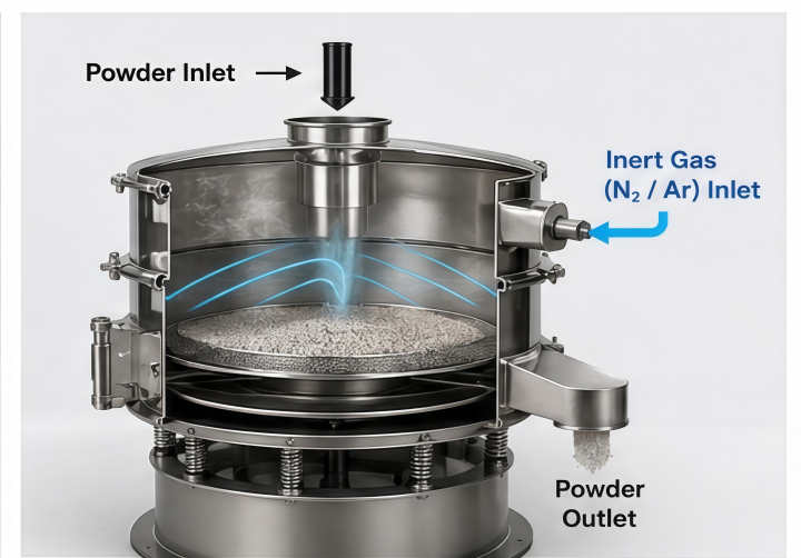 Inert-gas screening system for micron-sized tin powder