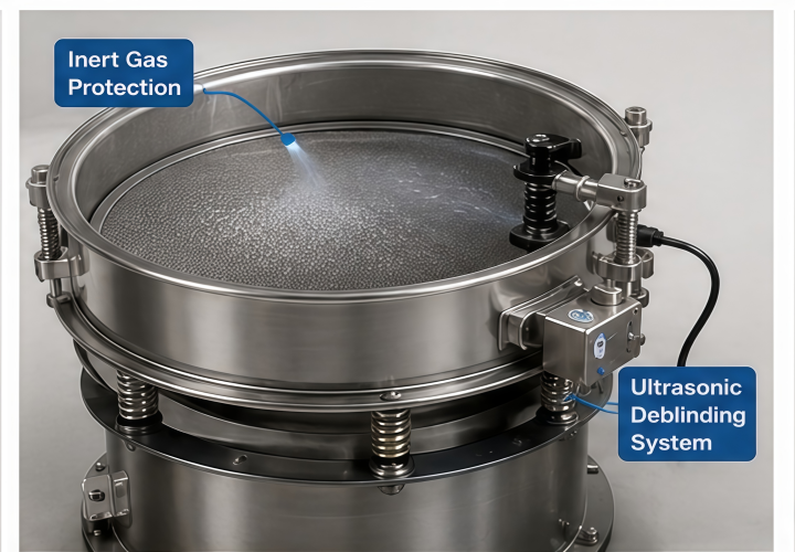 Ultrasonic deblinding and inert-gas screening for metal powder