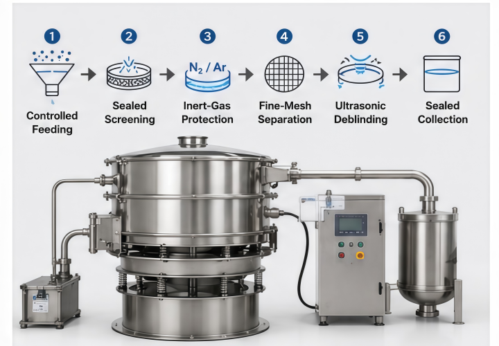 Metal powder sieving machine with inert-gas protection and ultrasonic deblinding