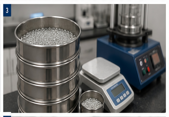 Glass bead sieve analysis using laboratory test sieves