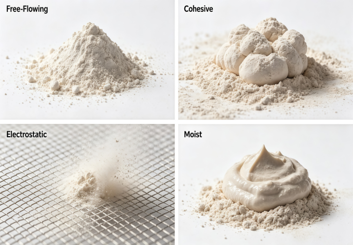 Different fine powder characteristics, cohesive, electrostatic and free‑flowing powder