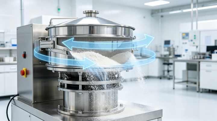 Vibro sifter machine for fine powder, calculating processing capacity and yield