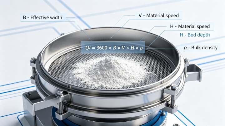 Vibro sifter theoretical capacity calculation diagram with parameter labels
