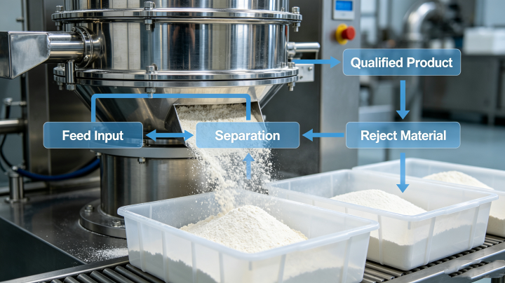 Material flow chart for vibro sifter yield calculation, qualified product recovery