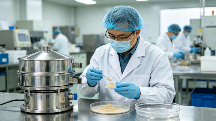 Engineer inspects vibro sifter screening result