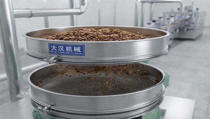A stainless steel Tumbler Screen (image_1.png quality) in operation, separating fines and dust from finished brown pet food kibble.