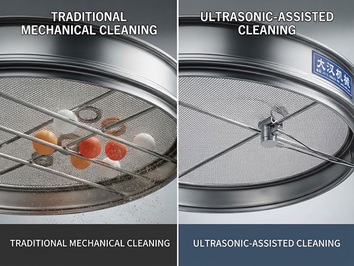 Split-screen macro view of mesh cleaning: Traditional balls (with residue) vs. Ultrasonic system (clean).