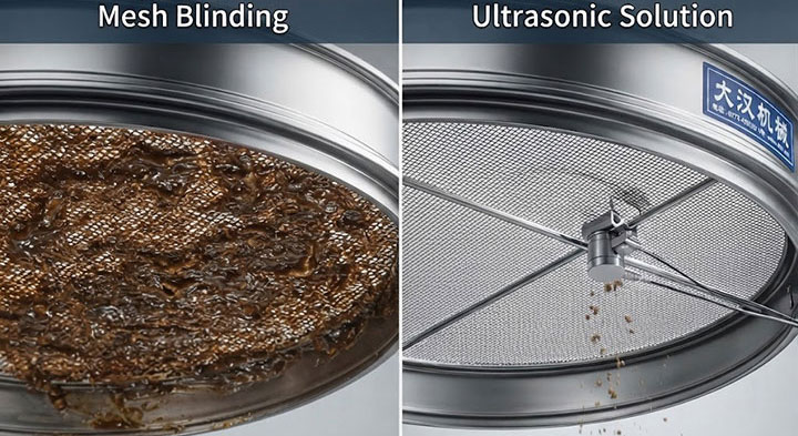 A macro comparison of mesh cleaning systems on a Dahan sifter.