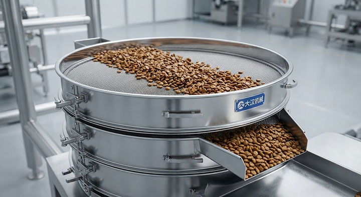 A close-up of a Dahan multi-deck rotary sifter in operation, gently processing brown, oily pet food kibble.