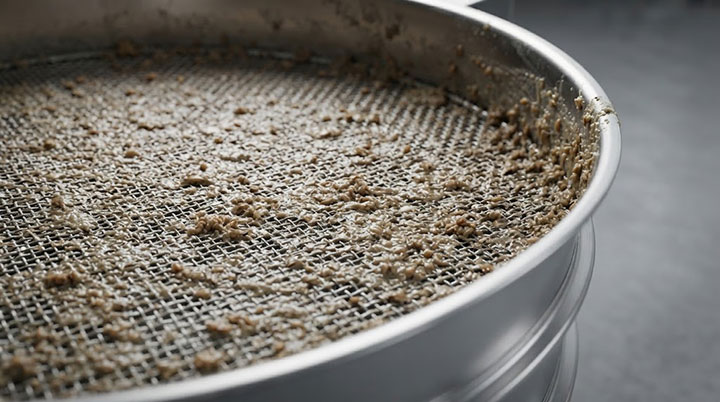 The stainless steel woven mesh of the Dahan rotary vibrating screen is severely clogged and coated with damp, clumped grain particles, rendering the mesh openings opaque.
