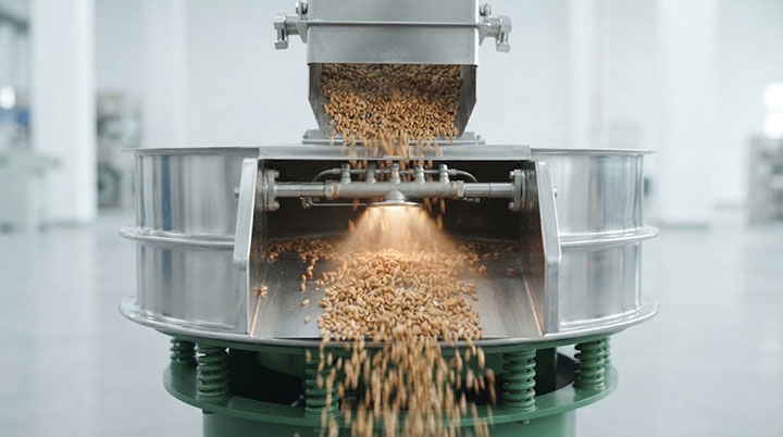 A close-up of the hot-air purging device installed at the inlet of the Dahan rotary vibrating screen; it performs pre-drying on the falling, damp grain particles to prevent moisture from reaching the screen mesh.