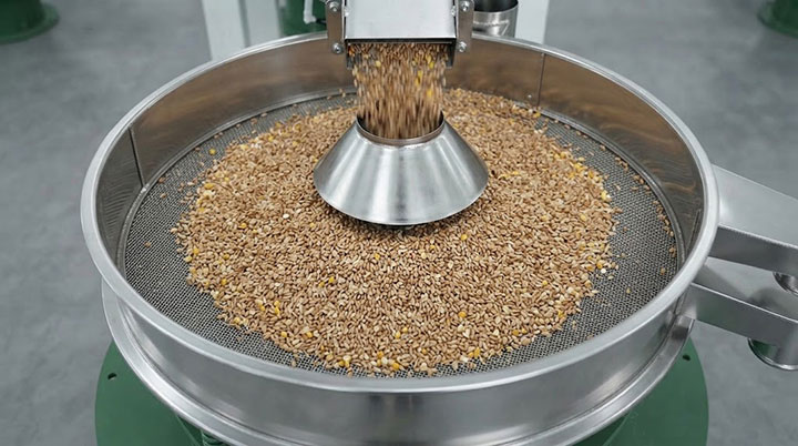 A high-angle, close-up view of the material distribution cone (feed distribution plate) inside the Dahan rotary vibrating screen, showing grain particles being evenly dispersed 360 degrees to form a thin material layer across the screen mesh, thereby ensuring maximum utilization of the screening area.