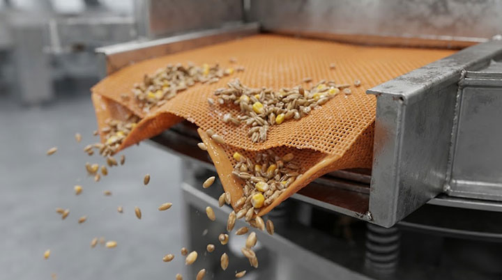 A close-up of the orange polyurethane modular screen used on the Dahan gyratory vibrating screen; the flexible panel bounces off adhering damp grain particles under high-frequency vibration, while the adjacent metal wire mesh shows signs of clogging.
