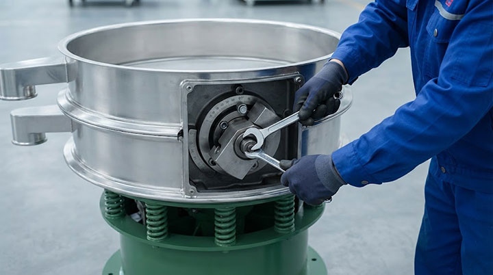 A close-up view of the vibration motor area on a Dahan rotary vibrating screen, showing an operator in workwear using a wrench to adjust the angle of the eccentric weights in order to optimize the equipment's vertical acceleration and the material's movement trajectory.