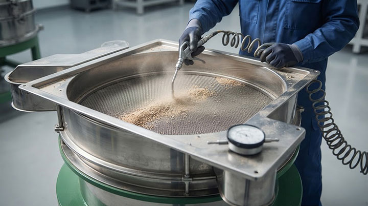 Post-shift maintenance of a Dahan gyratory vibrating screen: an operator is using an air gun to clear damp grain fines from the screen mesh, while a specialized screen tension gauge in the foreground is being used to verify tension and ensure screening efficiency.
