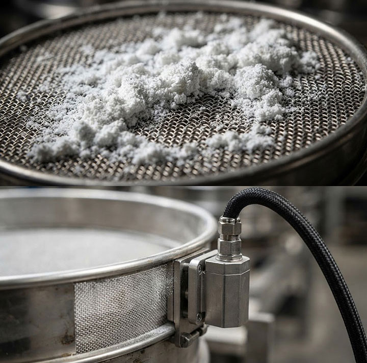 A split-panel industrial photograph illustrating the static electricity problem in plastic powder sieving. The top panel shows fine white polymer powder clinging to and blinding a stainless steel wire mesh screen. The bottom panel shows the ultrasonic transducer device mounted on the screen frame to prevent this adhesion.