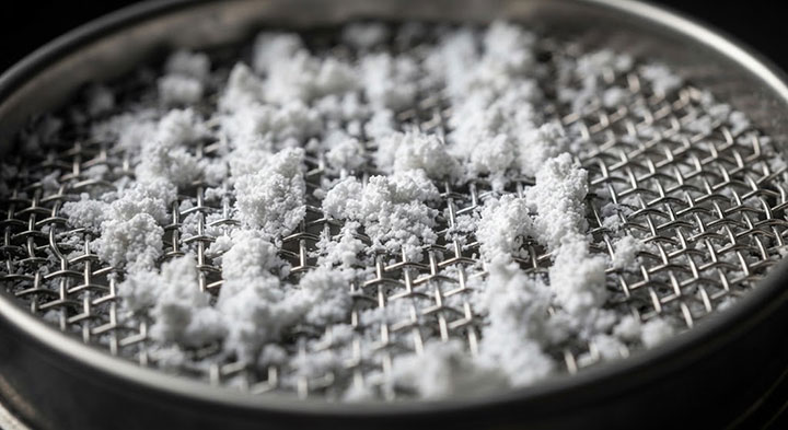 A macro close-up photograph showing fine white plastic polymer powder particles (PE, PVC) stubbornly adhered to and clogging a stainless steel wire mesh screen due to intense static electricity.