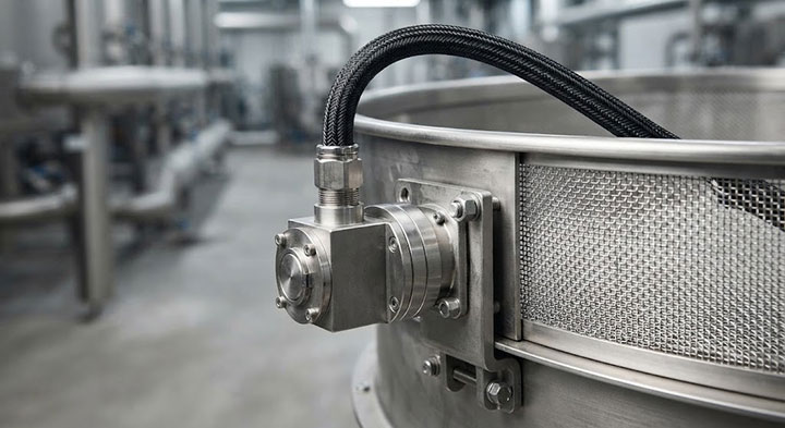 A detailed close-up shot of the engineering components of an ultrasonic sieving system. An industrial stainless steel ultrasonic transducer housing is firmly clamped onto the exterior of a circular vibrating screen frame, with a robust high-frequency cable connected securely, illustrating the anti-static modification.