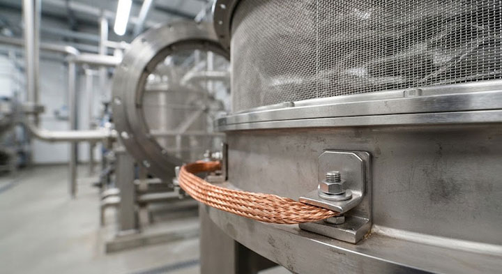 A close-up photograph of a heavy-duty braided copper grounding strap securely bolted to the stainless steel frame of an industrial circular vibrating sifter, ensuring electrical continuity for static control.