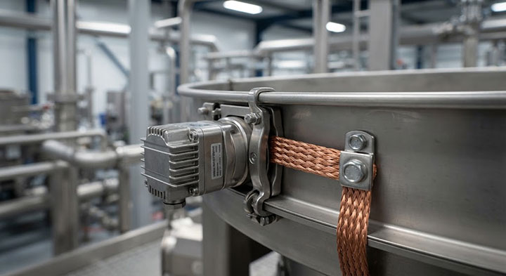 Close-up of copper grounding strap and ultrasonic transducer on industrial plastic powder sieve for static troubleshooting.