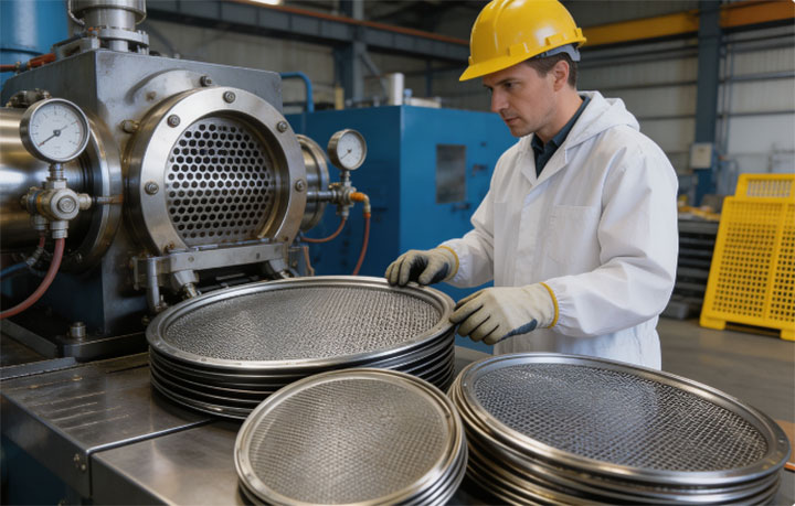 Engineer inspecting stainless steel polymer screening mesh discs next to an extruder screen changer.
