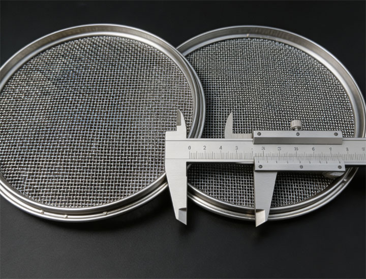 Close-up of stainless steel polymer screening mesh measured with a caliper.