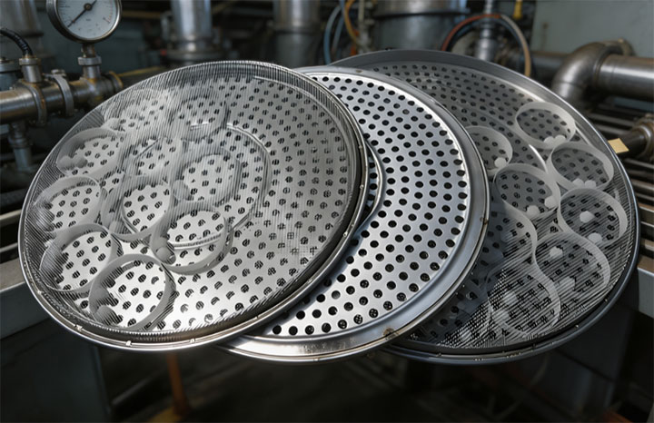 Stack of stainless steel polymer screening mesh discs placed in an industrial production environment.