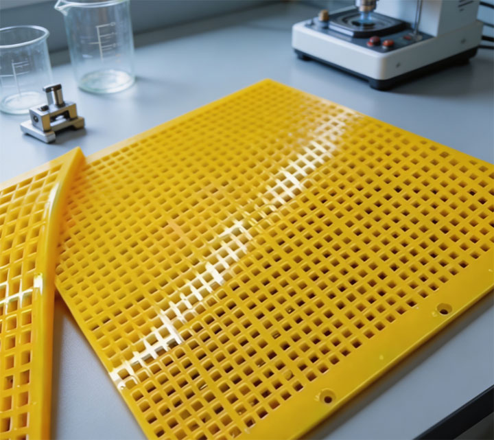 Yellow synthetic polymer mesh sheet placed on a laboratory bench for low-temperature trials.