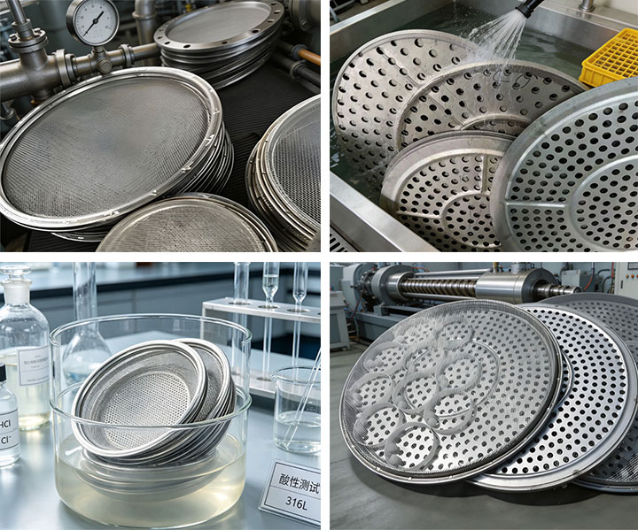 Four-panel image showing stainless steel polymer screening mesh under pressure monitoring, high-throughput extrusion, high-pressure cleaning, and 316L acid corrosion testing.