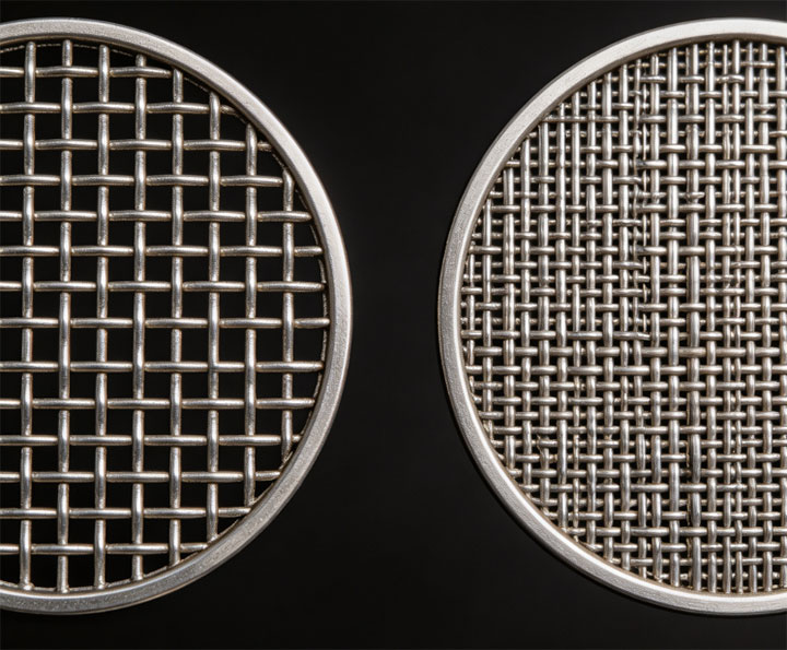 Side-by-side comparison of square weave and Dutch weave stainless steel polymer mesh.